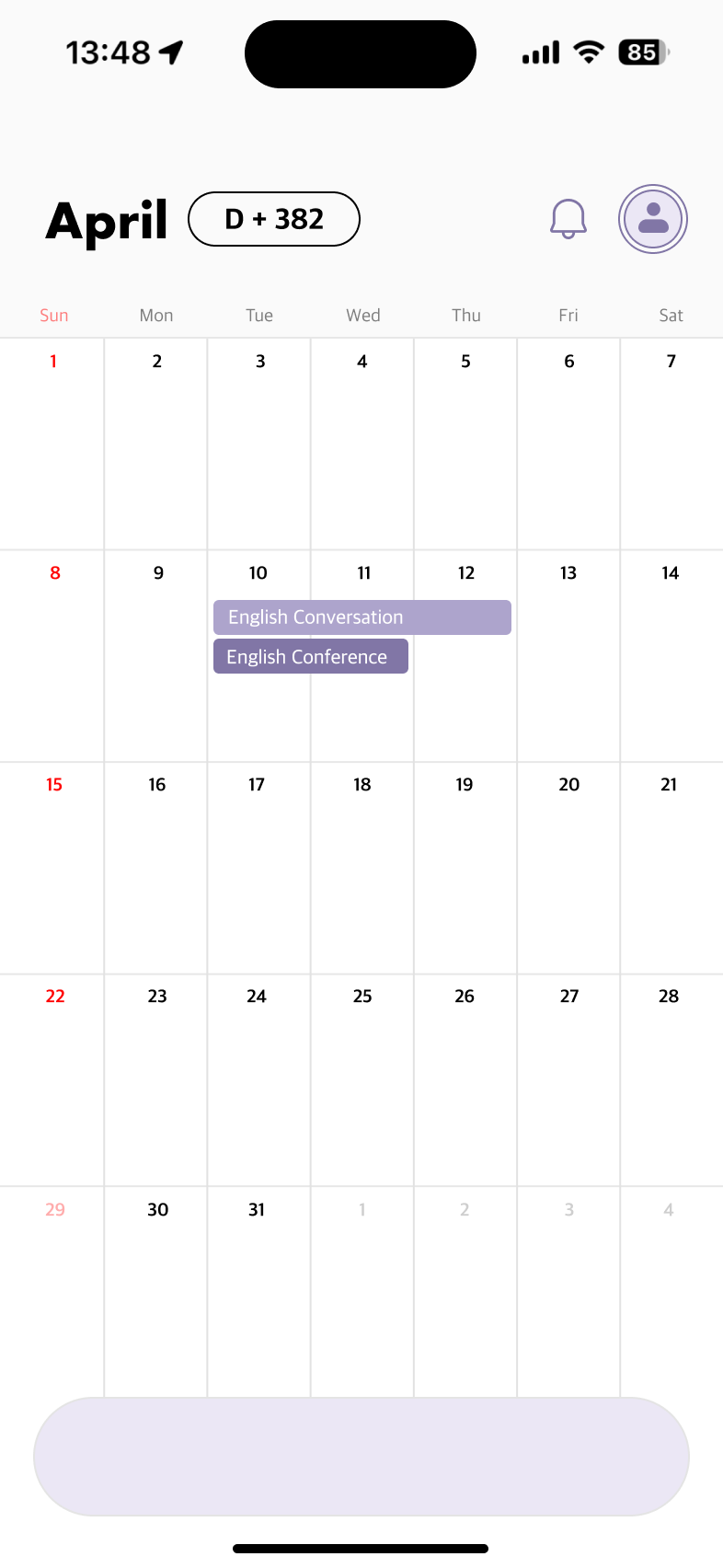 Plink calendar showing April with a D+382 counter and shared events